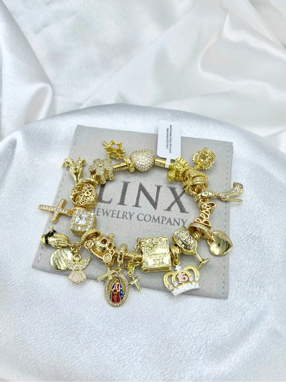 Linx Gold Snake Chain Charm Bracelet with Religious Quinceanera Themed Charms